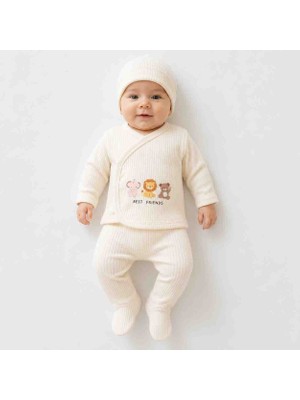 Babys Tasarım Best Friends 3'lü Ribana Bebek Takımı 0-3 Ay Pamuklu Yenidoğan Takımı Patikli Alt Şapkalı Hastane Çıkışı
