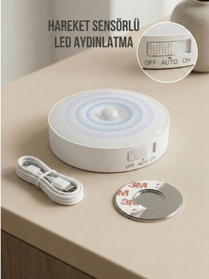 Aesco Hareket Sensörlü Yuvarlak LED Aydınlatma & USB Şarjlı Pratik Gece Lambası (8 Cm)