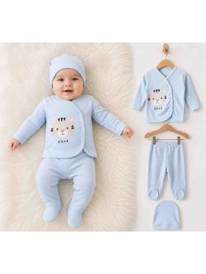 Babys Tasarım Kaplan Desenli 3'lü Ribana Hastane Çıkışı 0-3 Ay Pamuklu Yenidoğan Bebek Takımı Patikli Alt Şapkalı Erkek Bebek Takımı