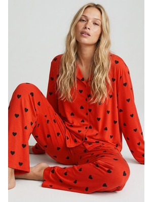 Siyah İnci Narçiçeği Siyah Kalp Desenli Örme Düğmeli Pamuklu Pijama Takım