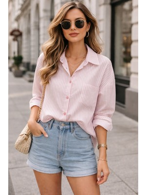 Butik Moda Kadın Oversize Çizgili Katlanabilir Kollu Gömlek