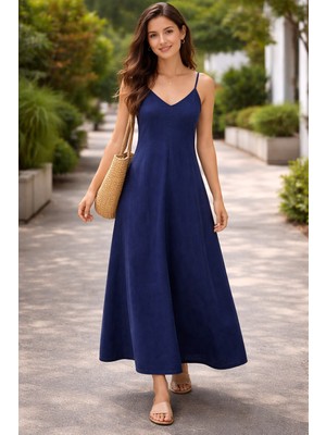 Butik Moda Kadın Koyu Mavi Ince Askılı Kot Elbise