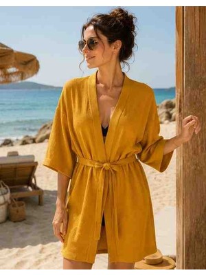 Belinis Hardal Waffle Pike  Bornoz Pamuklu Yazlık Kimono Bornoz Petek Kurulama Sabahlık Tüm Bedenlere Uyumludur S M L Xl