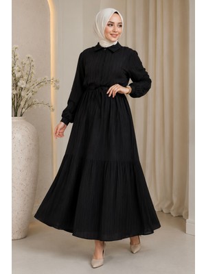 Moda Asi Modaasi Modern Kesim Lara Yarım Düğmeli Gömlek Yaka Tesettür Elbise