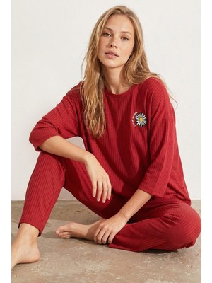 Siyah İnci Bordo Soft Touch Ince Örme Nakışlı Pijama Takım