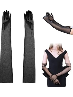 Renas Store Uzun Boy Likralı Siyah Renk Yetişkin Mega Tül Eldiven 53 cm