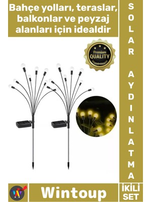 Wintoup #solar Dış Dekoratif Su Geçirmez Peyzaj 8 Ledli 2 Modlu Şık Gün Işığı 2'li Solar Bahçe Aydınlatması