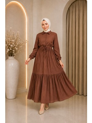 Moda Asi Modaasi Modern Kesim Lara Yarım Düğmeli Gömlek Yaka Tesettür Elbise