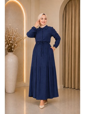 Moda Asi Modaasi Modern Kesim Lara Yarım Düğmeli Gömlek Yaka Tesettür Elbise