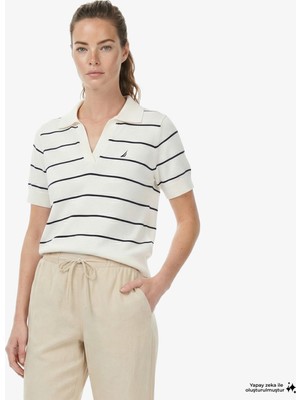 Nautica Kadın Beyaz Regular Fit Çizgili Triko Polo Yaka T-Shirt 65K510T.1BW