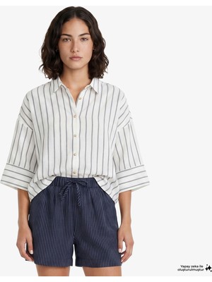 Nautica Kadın Beyaz Regular Fit Kısa Kollu Çizgili Gömlek 65W311T.1BW