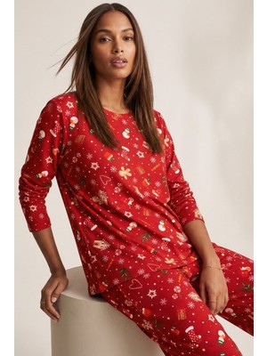 Siyah İnci Kırmızı Yumuşak Dokulu Süet Örme Pijama Takım 7983