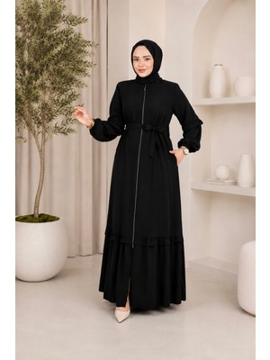 Moda Asi Modaasi Medine Ipeği Modern Kesim Fırfır Detaylı Tesettür Ferace