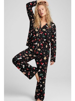 Siyah İnci Siyah Yumuşak Dokulu Süet Düğmeli Örme Pijama Takım 7984