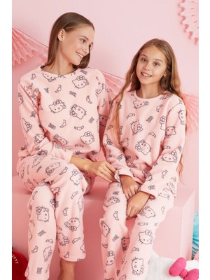 Siyah İnci Hello Kitty Lisanslı Polar Somon Çok Renkli Bisklet Yaka Pijama Takım HK315