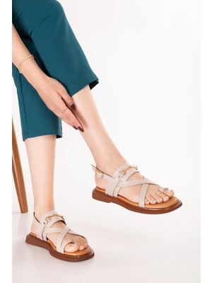Gondol Hakiki Deri Vaketa Parmak Arası Sandalet CRM.501  Vizon