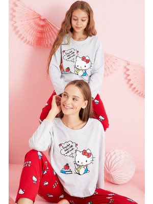 Siyah İnci Hello Kitty Lisanslı %100 Pamuk Gri Çok Renkli Bisklet Yaka Pijama Takım HK201