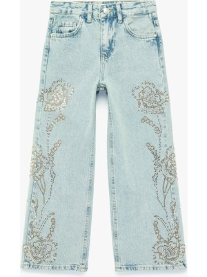 Koton Yüksek Bel Cep Detaylı Çiçek Nakışlı Bol Paça Denim Pantolon