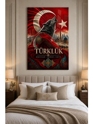 Türklük Bozkurt Temalı Baskılı Cam Tablo – Türk Bayrağı Uv Baskı Duvar Dekoru