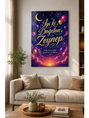 Iyi Ki Doğdun Yazılı Baskılı Cam Tablo – Yıldızlı Balonlu Dekoratif Duvar Tablosu