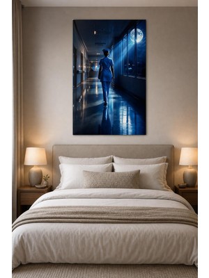 Gece Nöbeti Hemşire Baskılı Cam Tablo – Uv Baskı Modern Hastane Duvar Dekoru