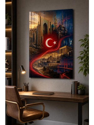 Türkiye Temalı Baskılı Cam Tablo – Türk Bayrağı ve Tarihi Mimari Duvar Dekoru