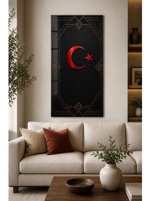 Türk Bayrağı Desenli Baskılı Cam Tablo – Siyah Gold Modern Duvar Dekoru