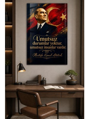 Atatürk ve Türk Bayrağı Baskılı Cam Tablo – Ilham Verici Sözlü Duvar Dekoru