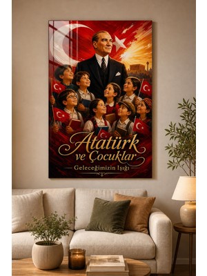 Atatürk ve Çocuklar Baskılı Cam Tablo – Türk Bayrağı Uv Baskı Duvar Dekoru