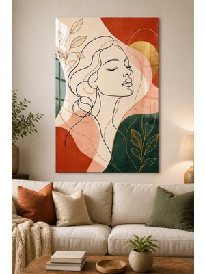 Kadın Portre Desenli Baskılı Cam Tablo – Modern Line Art Uv Baskı Duvar Tablosu