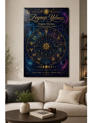 Kişiye Özel Doğum Haritası Baskılı Cam Tablo – Astroloji Uv Baskı Duvar Tablosu