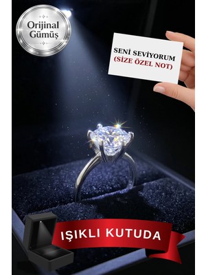 Carat Stone Işıklı Kutuda Gerçek 925 Ayar Gümüş 4 Carat Tektaş Yüzük