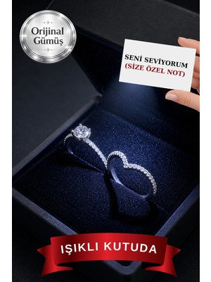 Carat Stone Işıklı Kutusunda Pırlanta Işıltılı Gümüş Tektaş Yüzük & Sonsuzluk Yüzük