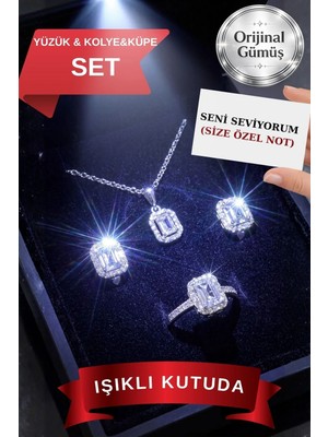 Carat Stone Işıklı Set Kutusunda 925 Ayar Gerçek Gümüş Yüzük,kolye,küpe Set