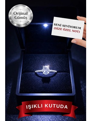 Carat Stone Işıklı Kutuda 1 Carat Kadın Oval Gümüş Yüzük (Pırlanta Işıltılı)
