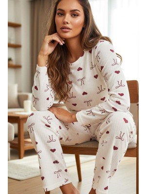Siyah İnci Bordo Kalp Fiyonk Desenli Yumuşak Tuşe Kışlık Fitilli Pamuklu Örme Pijama Takım 7977