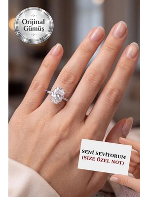 Carat Stone 5 Carat Işıklı Kutuda Kadın Oval Gümüş Yüzük (Pırlanta Işıltılı)