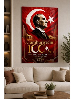 Atatürk ve Cumhuriyet 100. Yıl Baskılı Cam Tablo – Uv Baskı Türk Bayrağı Dekoru