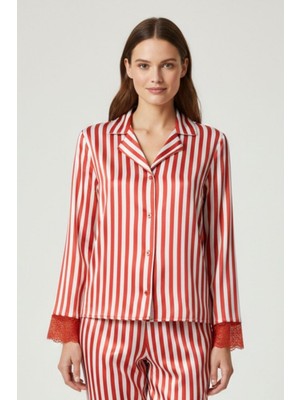 Obje Kadın Kırmızı Çizgili Saten Pijama Üstü