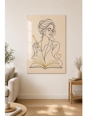 Kitap Okuyan Kadın Baskılı Cam Tablo – Minimalist Çizgi Sanatı Uv Baskı