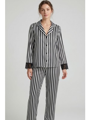 Obje Kadın Siyah Çizgili Saten Pijama Altı