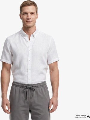 Nautica Erkek Açık Gri Regular Fit Kısa Kollu Keten Gömlek W65100T.1GD