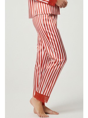 Obje Kadın Kırmızı Çizgili Saten Pijama Altı