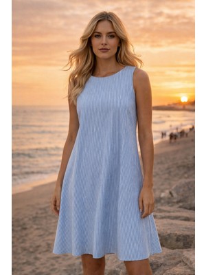 Butik Moda Kadın Kolsuz Yuvarlak Yaka A Kesim Diz Üstü Çizgili Elbise