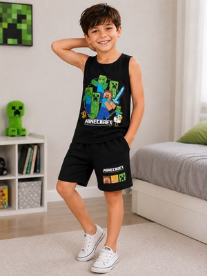 Minecraft Erkek Çocuk Atlet ve Şort Takımı Lisanslı Siyah Yazlık Rahat Günlük 2'li Takım
