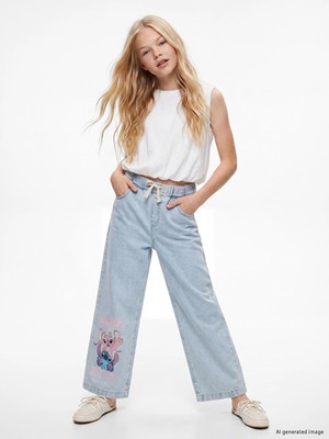 LC Waikiki Lcw Kids Mavi Wideleg Stitch ve Angel Baskılı Kız Çocuk Jean Pantolon