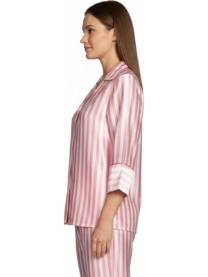 Obje Kadın Pembe Çizgili Saten Pijama Üstü