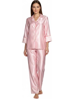 Obje Kadın Pembe Çizgli Saten Pijama Altı