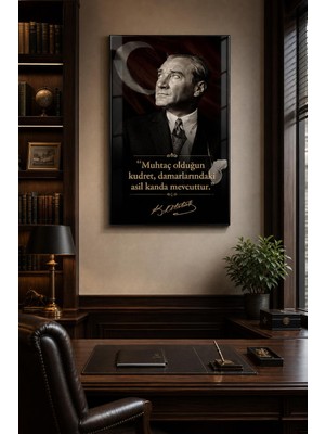 Atatürk Sözlü Baskılı Cam Tablo – Türk Bayrağı Uv Baskı Dekoratif Duvar Tablosu