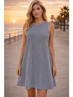 Butik Moda Kadın Kolsuz Yuvarlak Yaka A Kesim Diz Üstü Çizgili Elbise